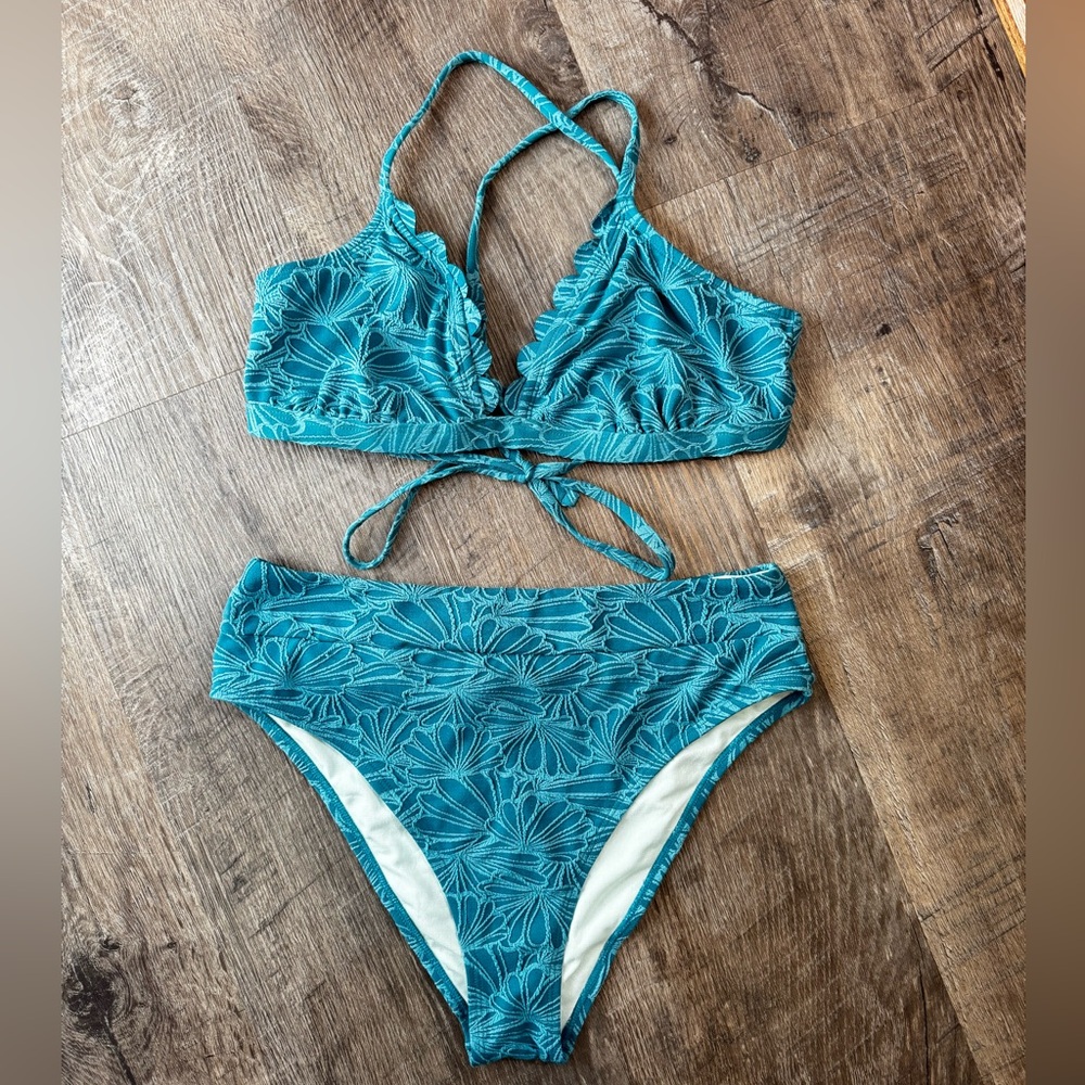 Cupshe Teal Floral Scalloped Bralette High Waisted Bikini Set, Size Large